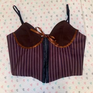Brown pinstriped bustier top (size Small, US 2) with tag still attached.
